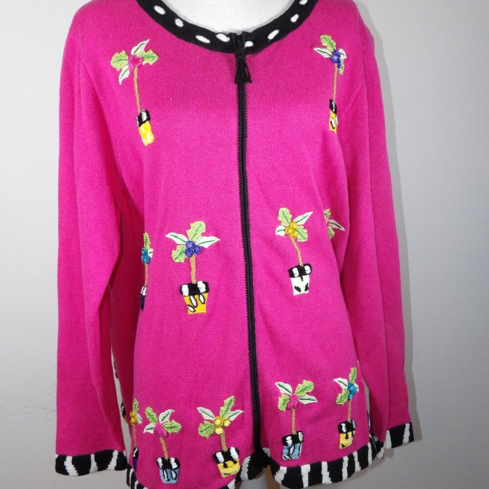 Just B Pink Sequined Beaded Flower Zip Up Cardigan Sweater Size Large - Picture 2 of 7